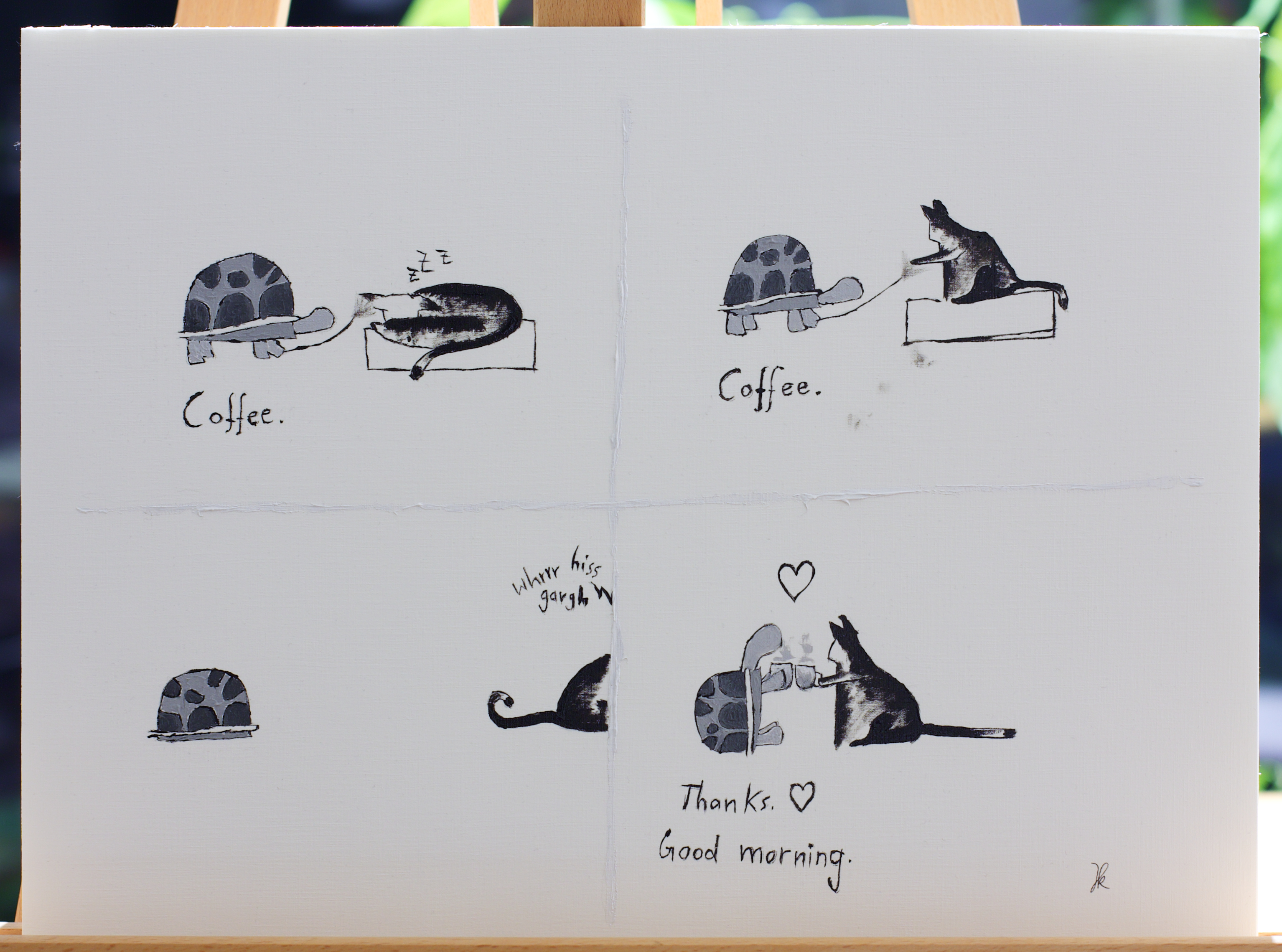 1st panel: Turtle poking sleeping cat with a straw: »Coffee.«
2nd: Turtle still poking, cat wakes up.
3rd: Cat making coffee off-screen, only their back is visible, coffee maker whirring, hissing and gargling.
4th: Turtle and cat having coffee together. Turtle: »Thanks. ❤️ Good morning. ❤️«