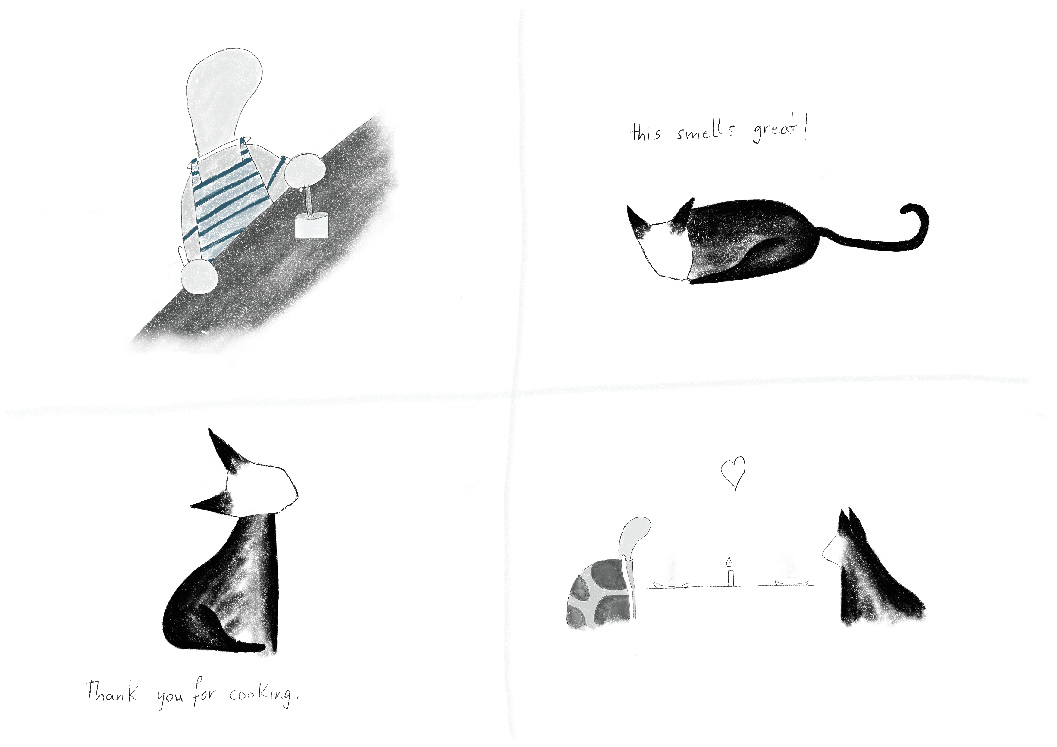 1st panel: Turtle cooking in an apron
2nd: Cat, looking left to turtle in 1st panel: »This smells great!«
3rd: Cat, looking up to turtle in 1st panel: »Thank you for cooking.«
4th: Turtle and cat having a candle-light dinner, a heart floating over them.